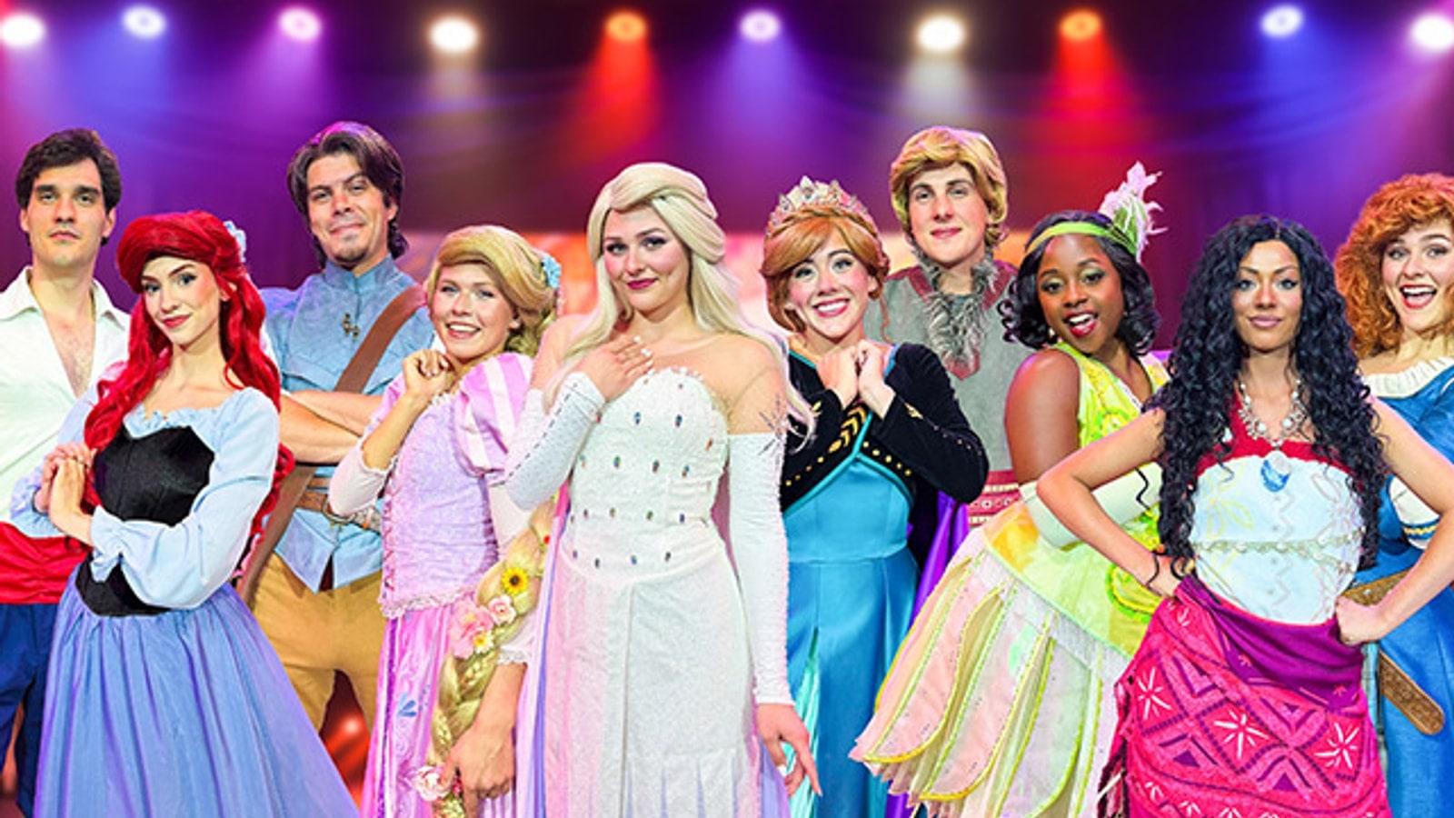 Ten princess and prince characters on stage at The Fun Place during the Fairytale Princess Festival.